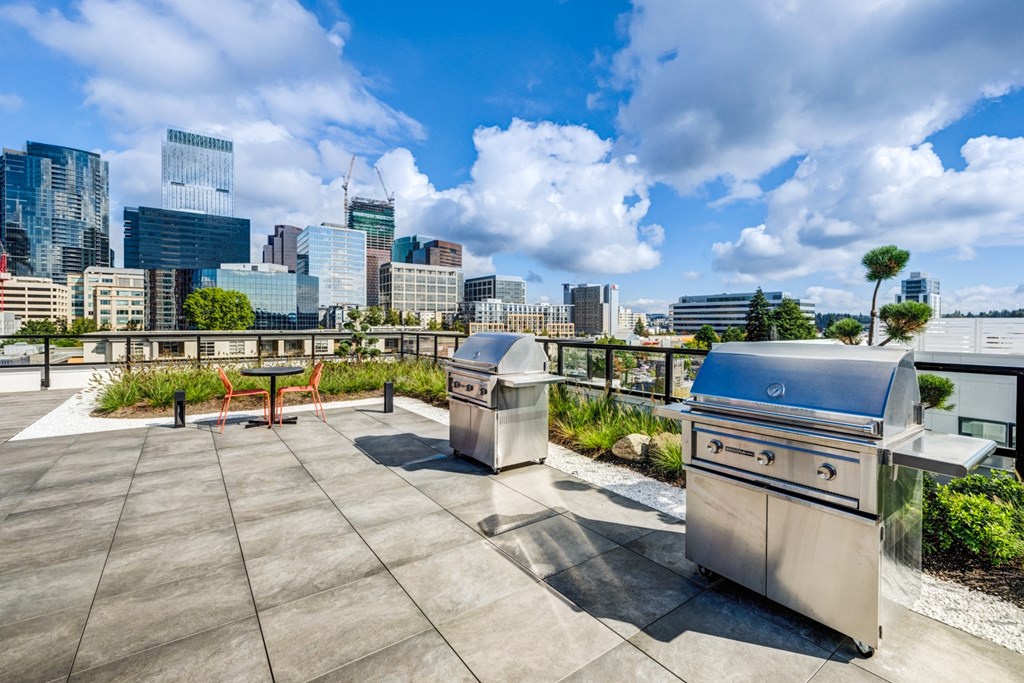 A cityscape with a grill and picnic table on a rooftop.